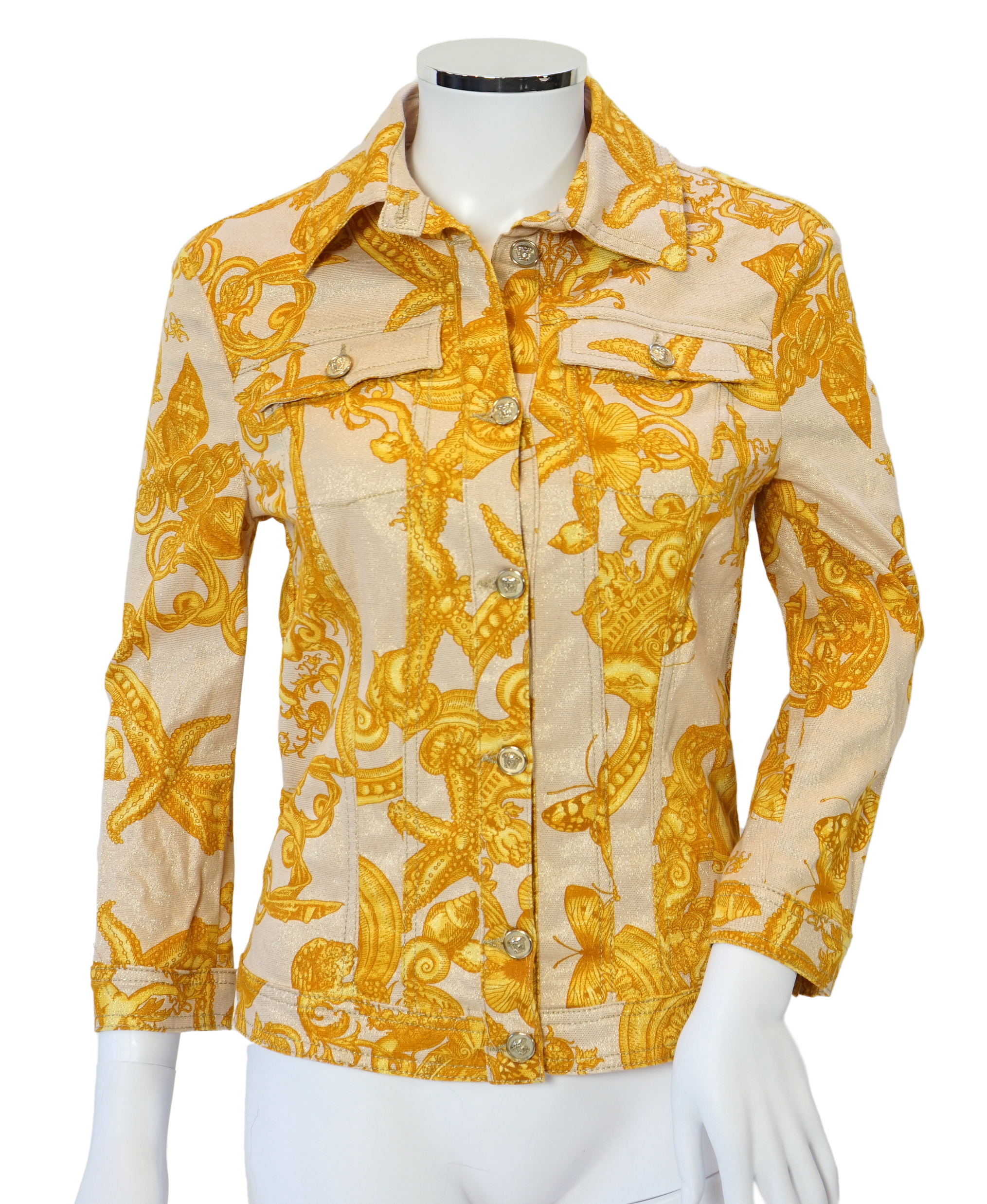 A Versace Collection green long dress and gold and yellow biker style jacket, dress size 52 and jacket size Medium